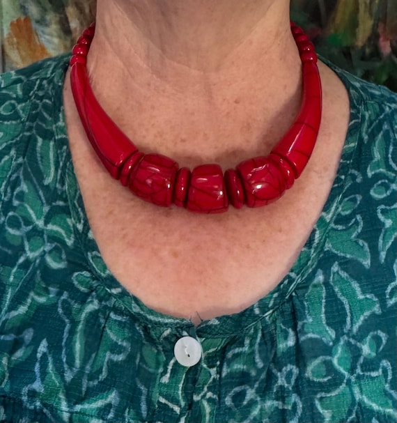 BIG BEAD Chunky Bead NECKLACE, Maroon, Natural Grey & Mango