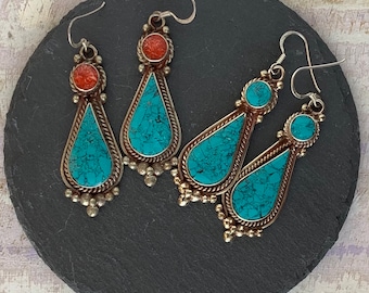 Nepalese Artisan DROP EARRINGS, Turquoise, Lapis Lazuli Earrings, Coral.