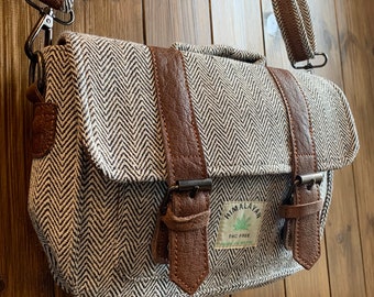 Woven Cotton SATCHEL, HANDBAG with Buffalo Leather. Handmade in Nepal. Crossbody BAG.