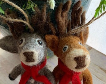 FELT REINDEER//Handfelted in Nepal, Felt Wool Decoration with a Jute string loop, Felt Gift, Tree Decoration. CHRISTMAS Decoration