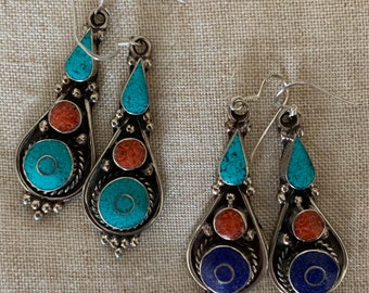 ARTISAN DROP EARRINGS, Turquoise, Coral Red, Lapis Lazuli Earrings. Jewellery.