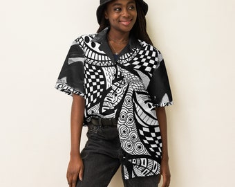 Camisa con botones unisex con gráfico en blanco y negro