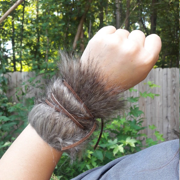 Set of Two Faux Wolf Fur Wrist Cuffs, Viking Fur Wrist Wraps, Faux Fur Barbarian/Tribal cuffs