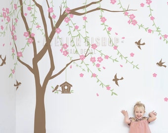 Kirschblüten Baum mit fallenden Reben Blumen Vögel und Vogelhaus Wandtattoo Aufkleber für Kinderzimmer