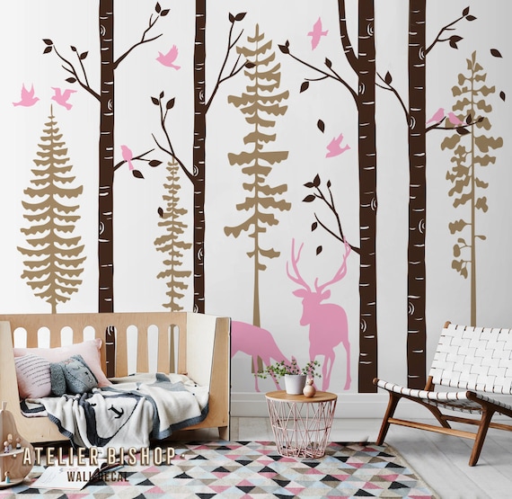 Pink Gray No Deer T:Gray/_77/_47/_48 Grey Tree Decal Baby Room Tree Decals Pink Nursery Decor Nature/_Trees