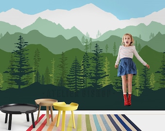 Ombre Mountain Pine Tree Forest Wall Decal: Peel & Stick Wallpaper