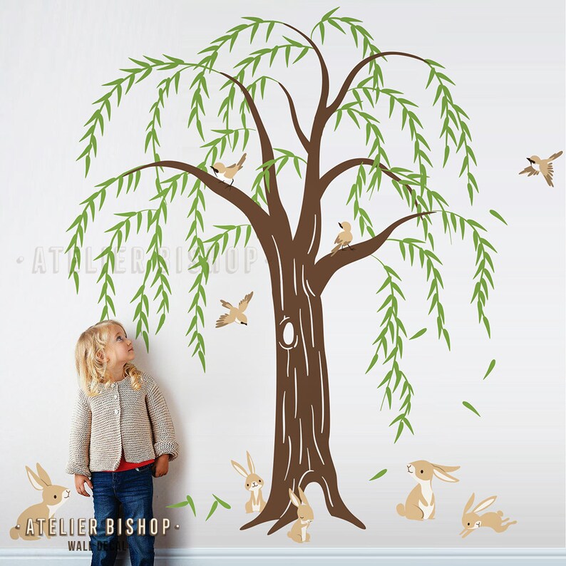 Rabbit family under willow tree with cute birds tree wall Etsy