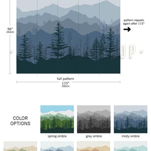 May include: A digital wallpaper design featuring a mountain range with a forest in the foreground. The design is available in 10 different colour options, including spring ombre, grey ombre, misty ombre, forest ombre, violet ombre, pink ombre, and seafoam ombre. The wallpaper is 96 inches tall and 115 inches wide. The pattern repeats every 115 inches.