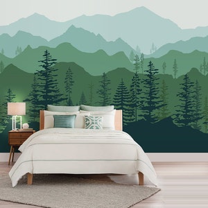 Peel and stick Ombre Mountain pine trees forest scenery nature wallpaper wall decal sticker for interior