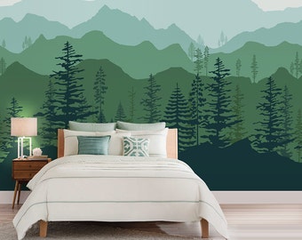 Peel and stick Ombre Mountain pine trees forest scenery nature wallpaper wall decal sticker for interior