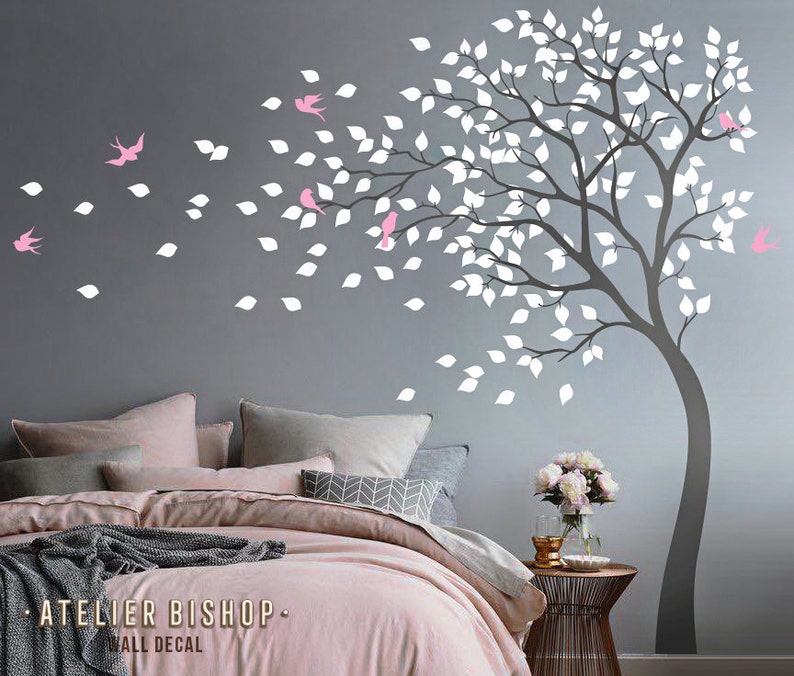 Leafy Tree Wall Decal: Blowing Wind, Birds, Falling Leaves - Etsy