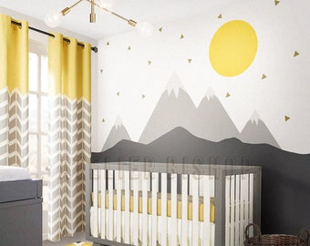 Scandinavian Mountain Wall Decal: Sun & Gold Triangles, Easy Install