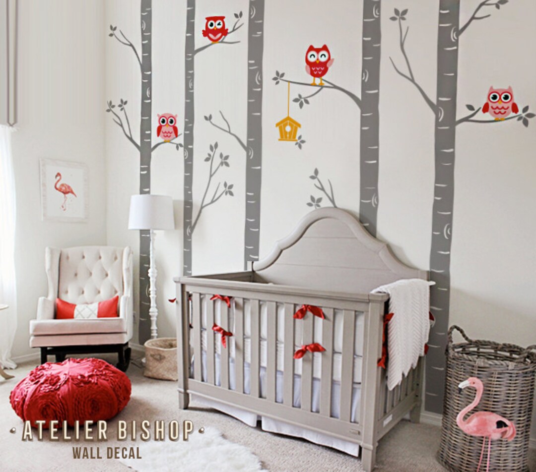 Red Owl Nursery Wall Decal: Grey Tree & Birdhouse Mural - Etsy