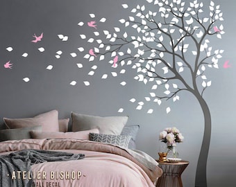 Bending Tree Wall Decal: Birds and Leaves, Nursery Wall Sticker