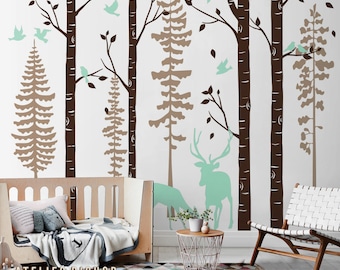 Mint and brown deer nursery pine tree forest with birds wall decal natural tree nursery wall sticker wall mural