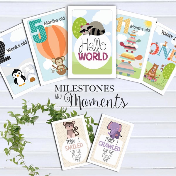 Animal Baby Milestone cards (26 cards), Baby Milestone Cards, Baby Photo props.  Capture your baby's Milestones and Moments.