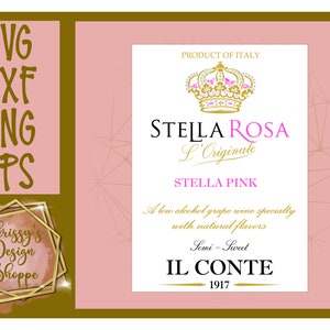 May include: A pink and gold wine label with a crown and the text "STELLA ROSA L'Originale STELLA PINK A low alcohol grape wine specially with natural flavors Semi-Sweet IL CONTE 1917".