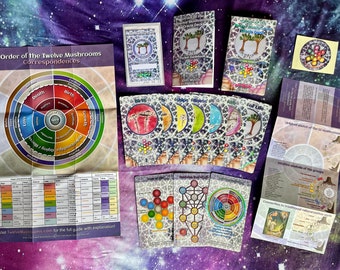 May include: A set of twelve mushroom oracle cards with a guidebook and a poster. The cards feature colorful illustrations of mushrooms and the guidebook includes information about the meaning of each card. The poster is a colorful wheel with the names of the twelve mushrooms and their correspondences.