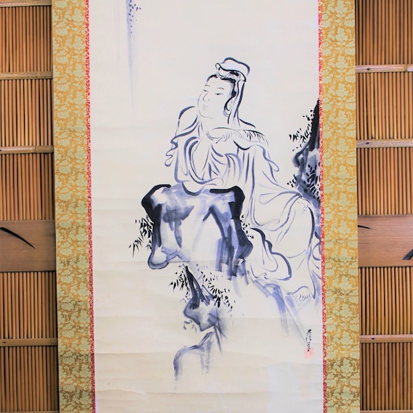 Very large antique Japanese ink scroll painting, Kannon at a Waterfall, signed Kano Eisen Michinobu, 18thC, restored, fine silk mounting