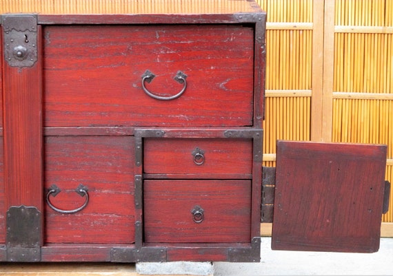 Half Tansu Antique Japanese Chest Lock Bar Safe Kiri Wood Etsy