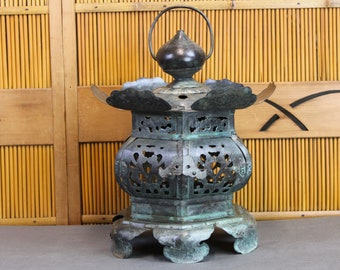 Large antique Japanese bronze hanging temple lantern, tsuridoro, 15"h, 6-sided bulbous, double doors, pierced, etched, beautiful patina, Edo