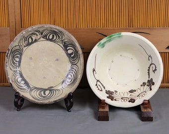 2 antique Japanese ceramics, Seto area kilns; large Oribe bowl, good condition, C1920; large Seto plate, very distressed, C1850, Edo; mingei