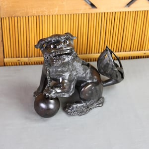 Large antique Japanese bronze temple lion incense burner, 10&quot;h, shishi, kiri wood ball, Buddhist, fearsome friendly, beautiful patina, C1900