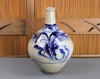 Very large antique Japanese blue and white porcelain sake bottle, vase, hand painted ferns, clouds, vivid blues, Setoware, mingei, Meiji Era