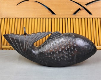 Vintage Japanese keyaki hardwood fish, artfully handcarved, for jizai kagi, hearth hanger, traditional mingei folkart