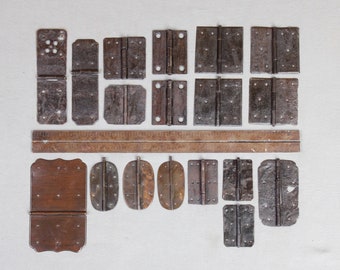 18 antique Japanese hinges, various shapes, styles, sizes, 14 iron, 4 bronze, for tansu, small chests, boxes, cabinets shrines, all projects