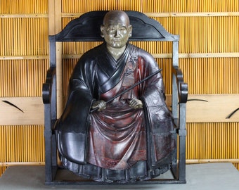 Large, 25"h, antique Japanese hand carved wood Buddhist priest in temple chair, ornate robes, lacquered, glass eyes, distressed, C.1860, Edo