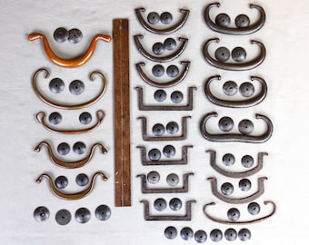 20 large, medium antique Japanese tansu handles, handwrought, cast iron, and bronze, various styles, singles, sets, 40 washers, C1850-1920