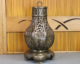 Tall antique 8-sided Japanese bronze hanging temple lantern, 16"h pierced, etched panels, beautiful patina, inscription, family crest, Meiji