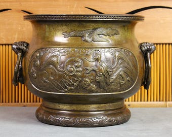 アンティーク中国青銅製香炉 / 緑青付き寺院用ライオン取っ手 19 世紀