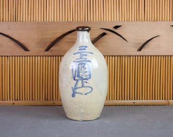 Antique Japanese sake bottle, tokkuri, celedon-beige glaze, artistic blue calligraphy, stoneware, mingei folk art, translated, C.1880, Meiji