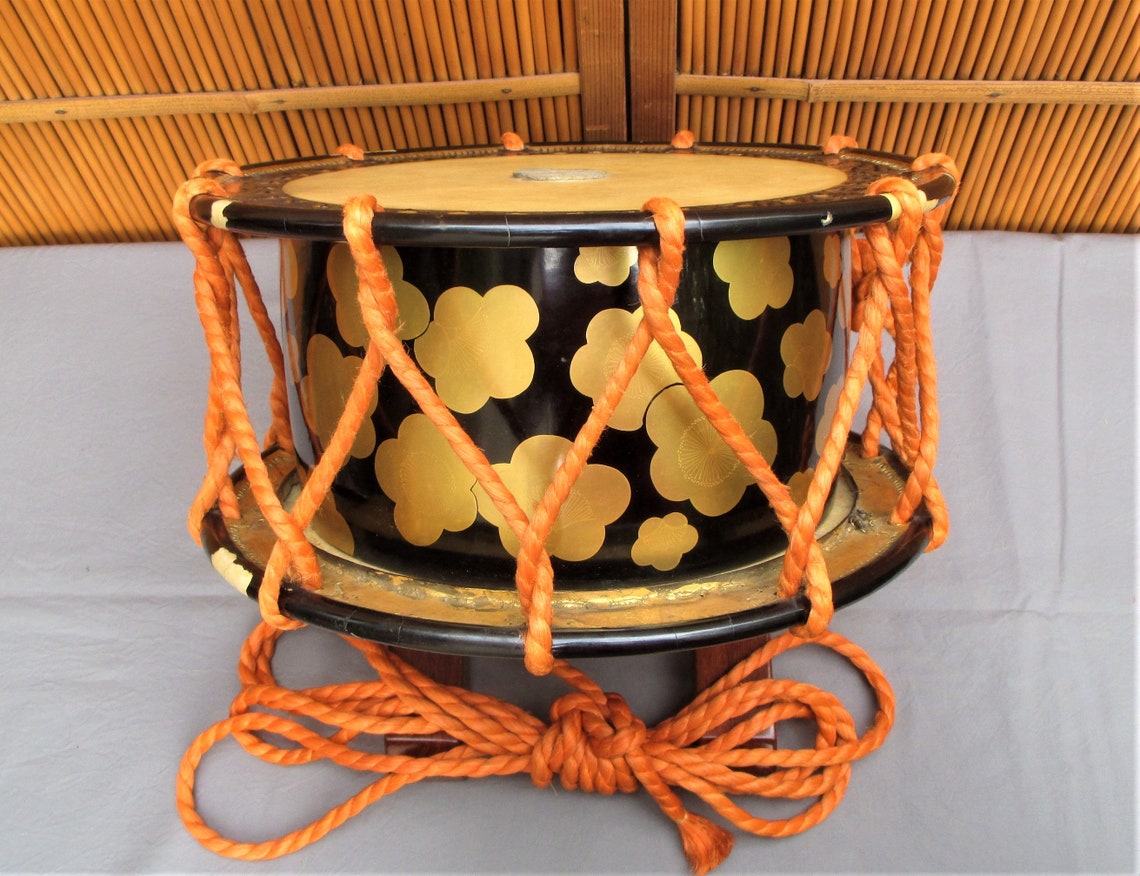 Antique Japanese drum black lacquered wood body gold cherry Etsy