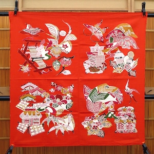Vintage Japanese furoshiki, the 4 seasons, hand dyed cotton traditional katazome stencil technique, mingei folk craft, colorful wall hanging