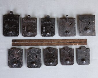 10 antique iron Japanese tansu chest locks, handmade, several styles, pair, set, large handwrought knobs, disarmed, C.1880, Meiji Period