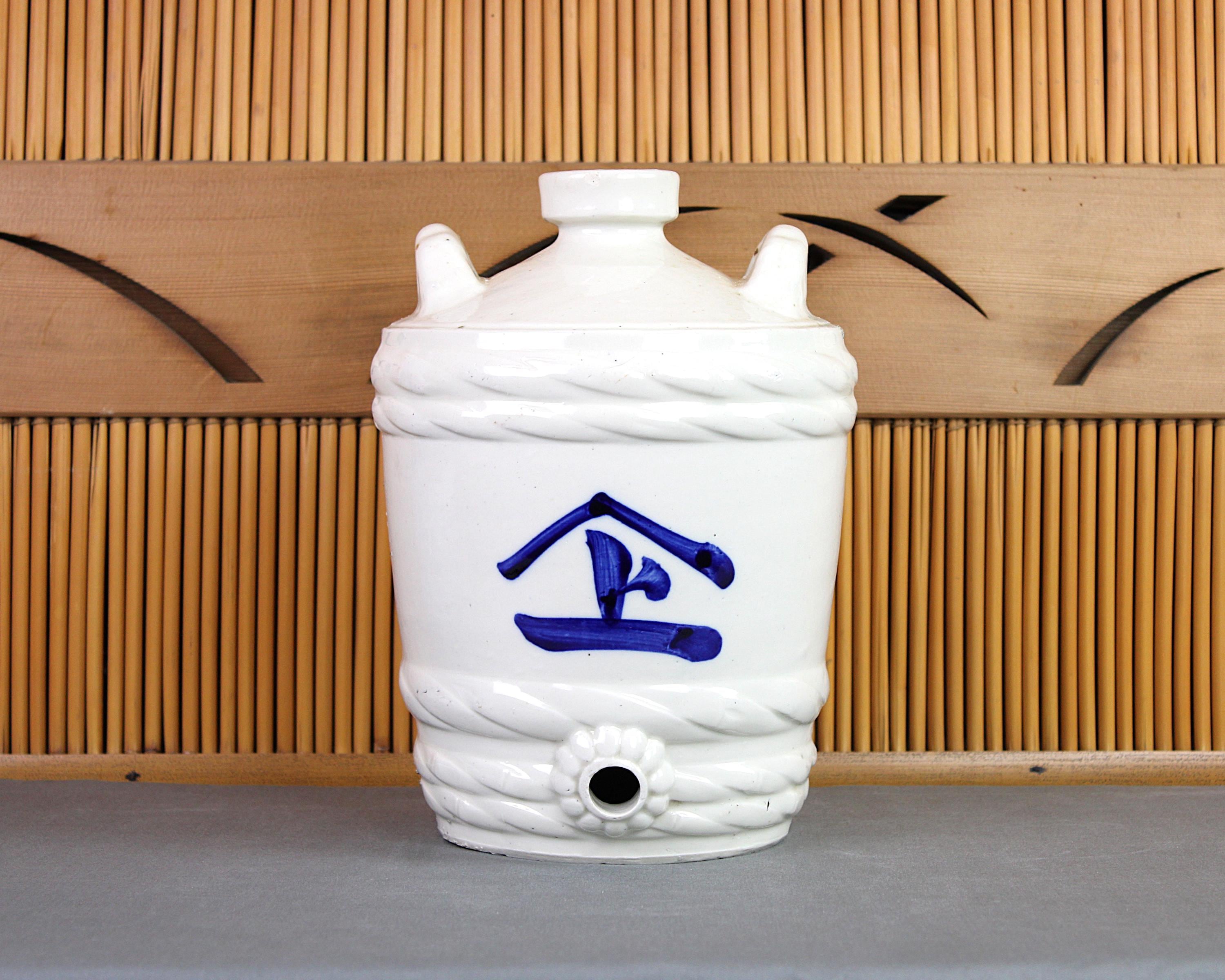 Antique Japanese sake barrel, tokkuri, blue-white porcelain, classic bamboo wrap form, large handle ears, mingei folk art, C1890-1910, Meiji