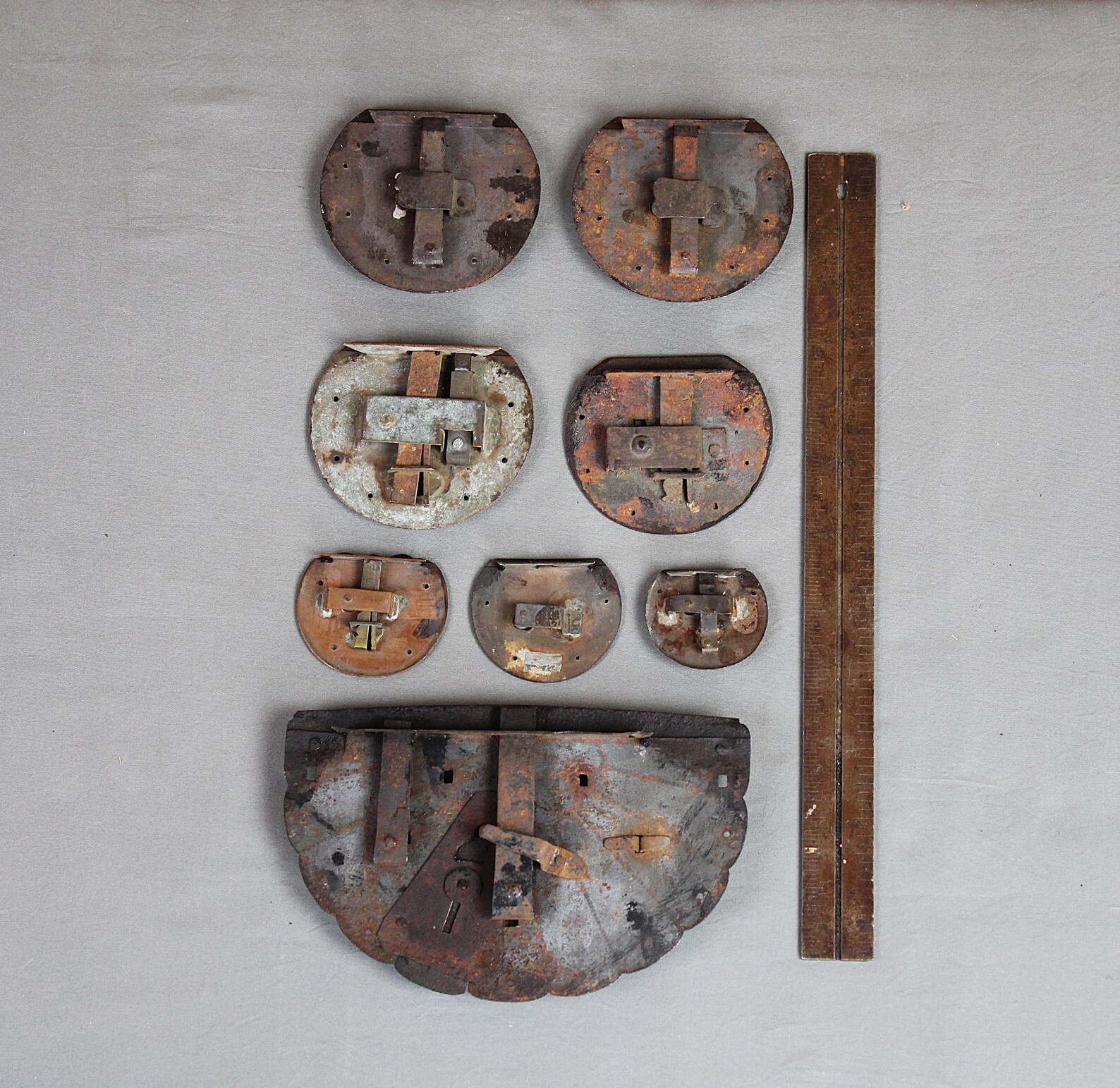 8 Antique Japanese Tansu Locks, Several Types, Sizes, Iron, Copper, 2 ...