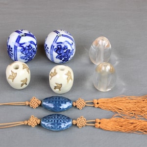4 pairs, 8 pcs, vintage scroll weights, Japanese and Chinese, blue and white, beige, blue porcelain, glass, hand painted, hand made art pcs