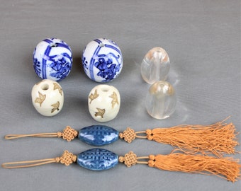 4 pairs vintage scroll weights, Japanese, Chinese, blue and white, beige, blue porcelain, glass, hand painted, molded designs, hand made