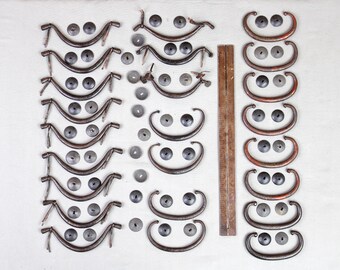 24 antique iron Japanese tansu handles, 12 bowed form, and 12 round form handles, large sets, pairs, singles, for tansu, chests C.1860-1940.