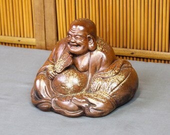 Vintage Japanese ceramic Hotei, revered deity, one of Seven Lucky Gods, happy guardian of children, symbol of abundance, with seal, handmade
