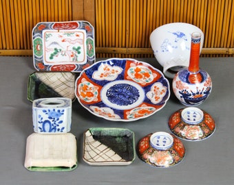 10 small antique, vintage Japanese Imari, blue-white, Kutani porcelain, Oribe ceramic, blue-wt cup holder, all very good/excellent condition