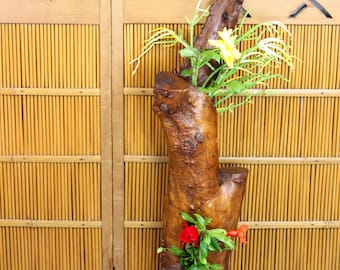 Very tall vintage Japanese kiri wood ikebana flower arranging piece, 39"h, 2 copper vases, free form wooden sculpture, golden brown