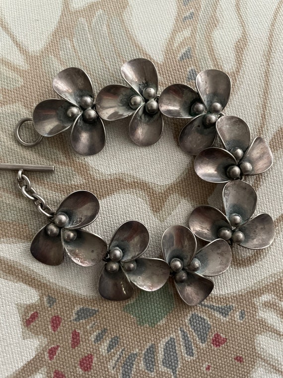 Vintage MCM Sterling silver Danish flower bracelet st… - Gem