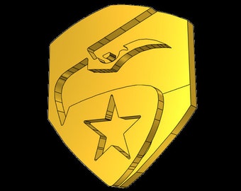 Op de afbeelding: Een gouden schild met een gestileerd adelaarshoofd en een vijfpuntige ster in het midden.