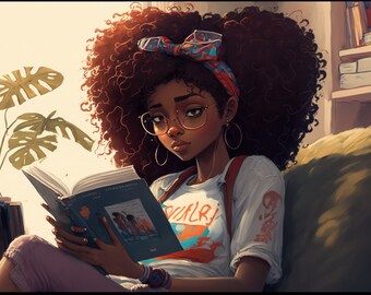 Chica negra leyendo con planta