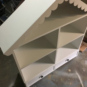 Bookcase/dollhouse with drawers and scalloped roof image 4